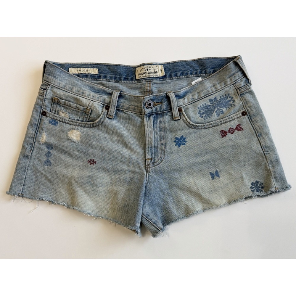 Lucky Brand The Cut Off Shorts 4/27 Embroidered Distressed Denim Boho Frayed